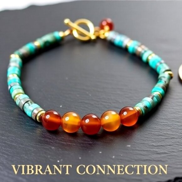 Slim Minimalist Boho Toggle Bracelet! Sea Sediment Jasper & Agate + Gold Accents - Picture 2 of 12